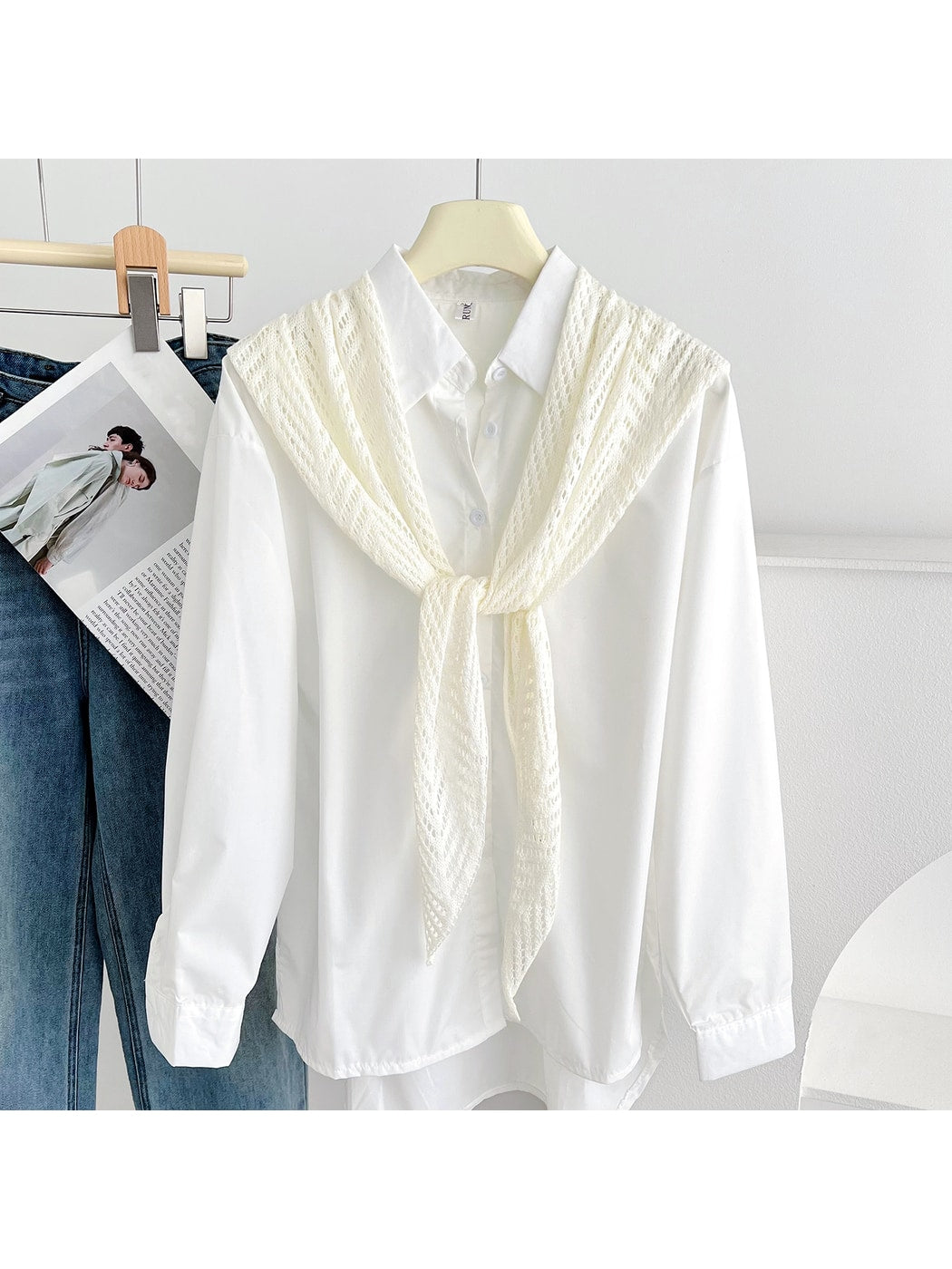 Scarvii - Openwork Knit Solid Color Triangle Scarf