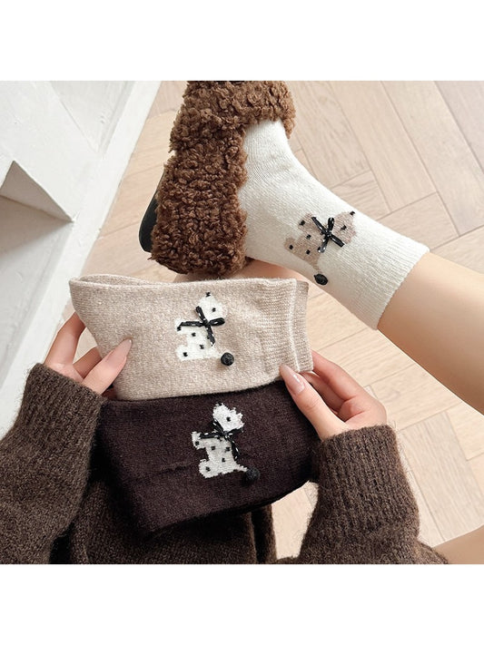 Rufia - Cute Bow Accent Dog Pattern Crew Socks