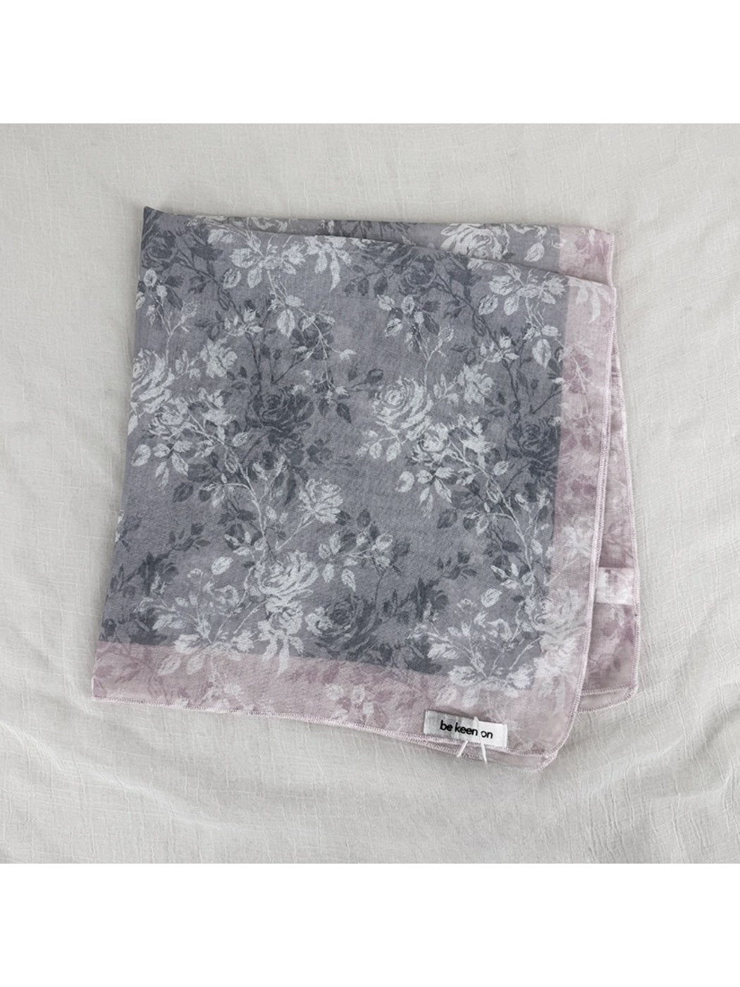 Scarvii vintage floral border square scarf paired with casual outfit on model