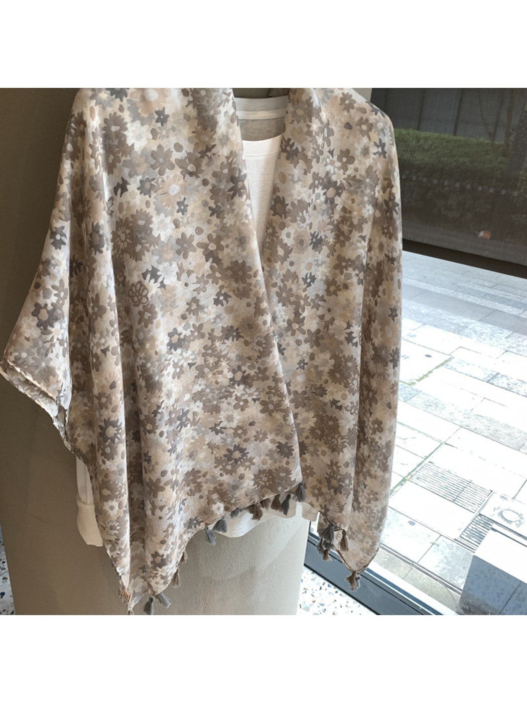 Scarvii - Khaki Floral Print Tassel Trim Long Scarf