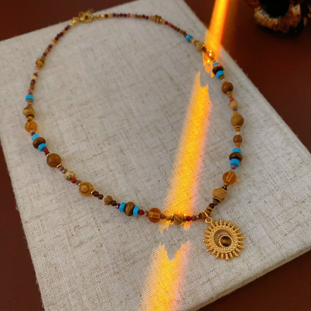 Bauai - Vintage Sun Pendant Beaded Necklace - Boho & Unique