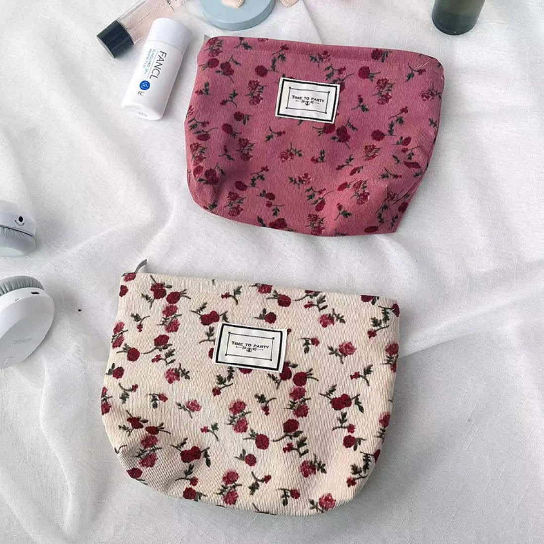 Cosbai - Rose Pattern Corduroy Makeup Bag