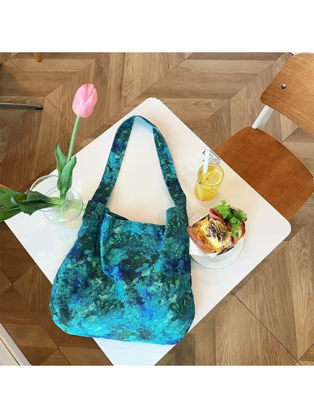Cosbai - Painterly Floral Pattern Soft Shoulder Tote Bag