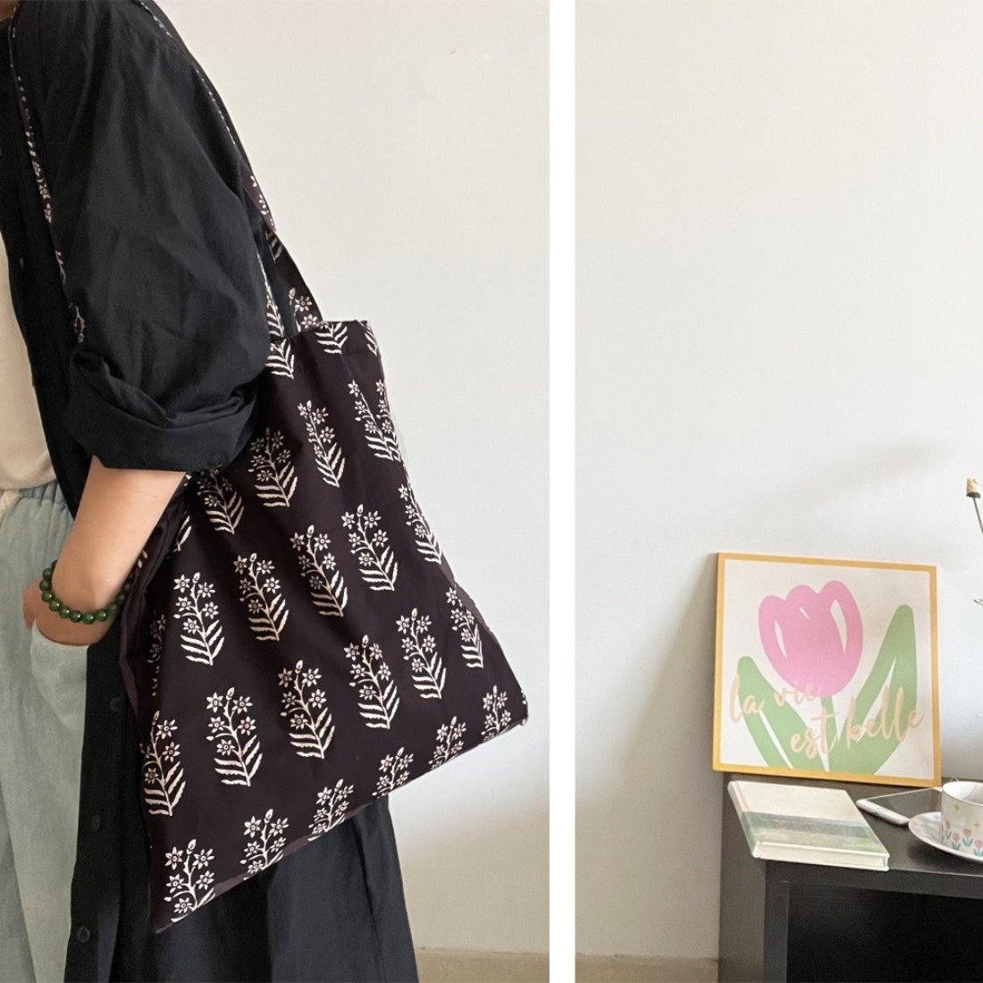 Interior view of Cosbai tote bag showing spacious compartment and lining