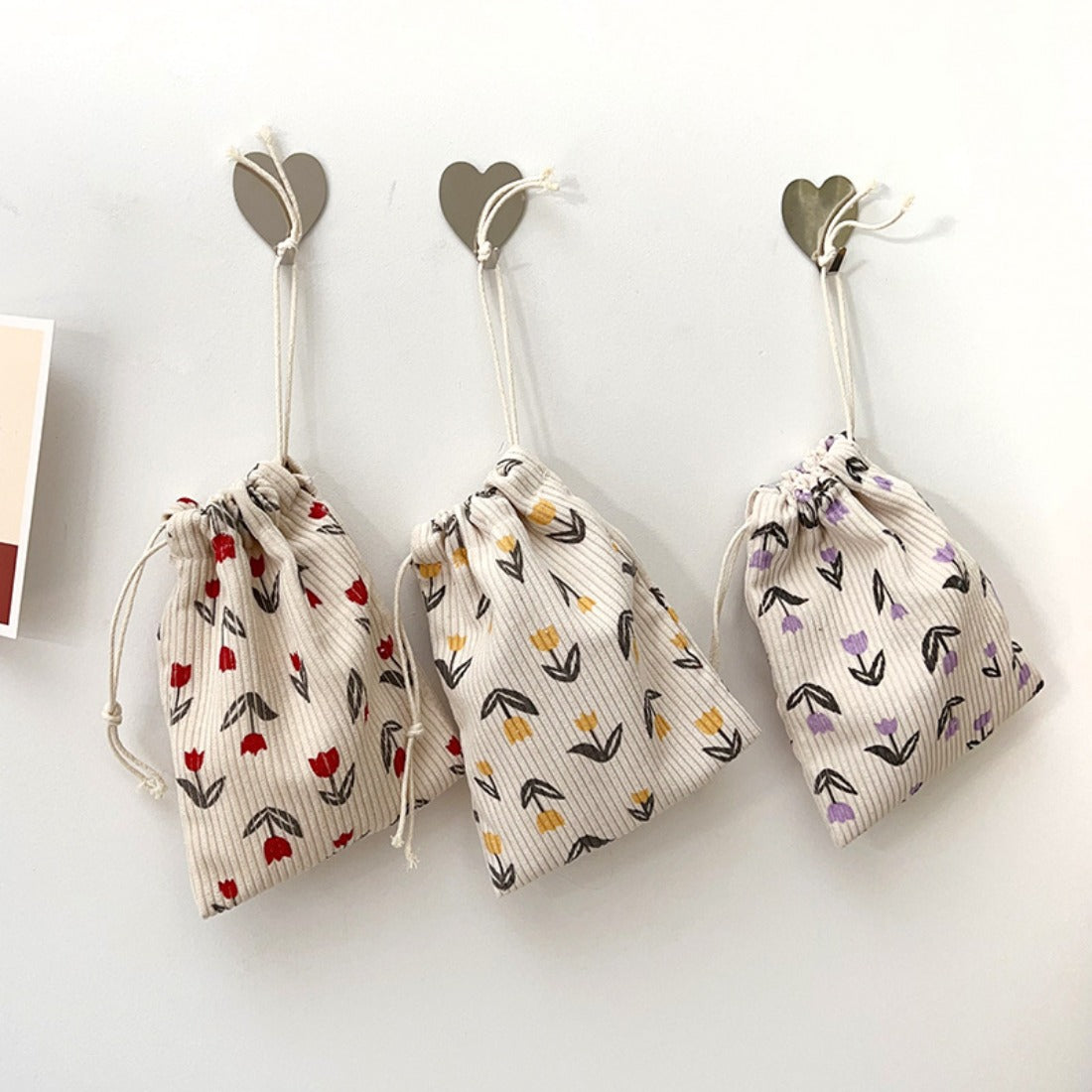 Cosbai - Floral Corduroy Drawstring Pouch