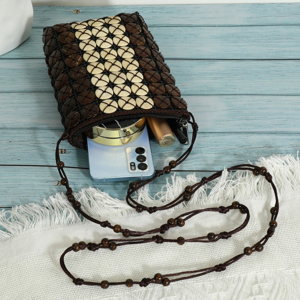 Cosbai - Boho Beaded Square Crossbody Bag With Zipper