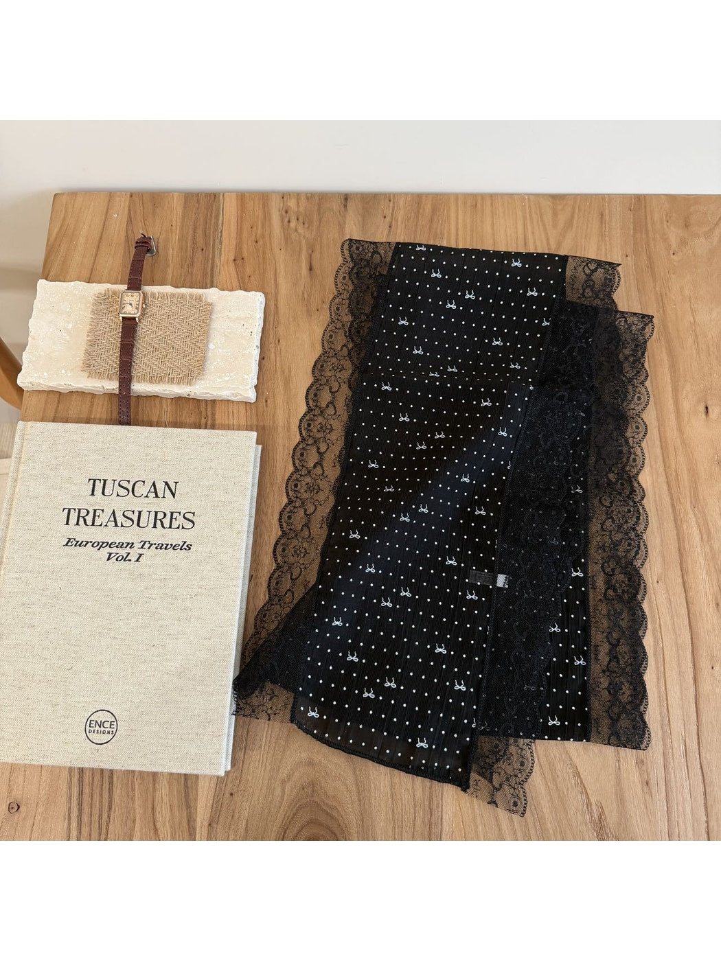 Scarvii - Lace Edge Polka Dot Bow Detail Long Scarf
