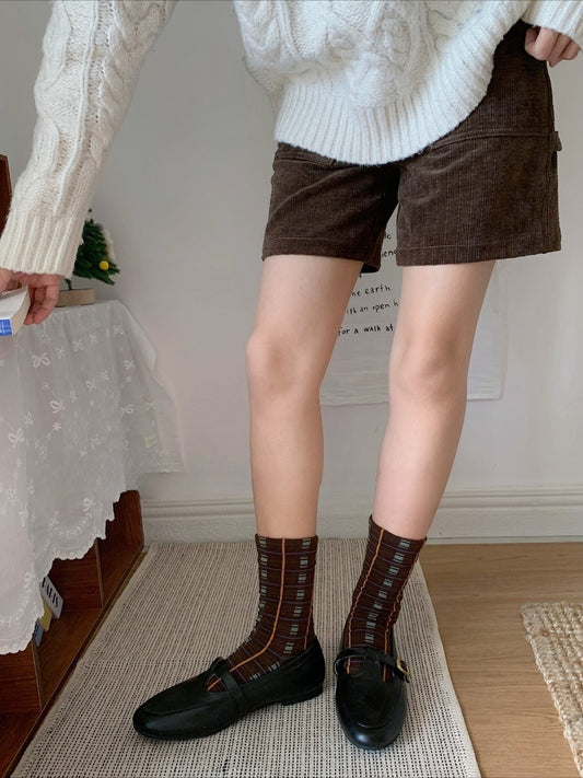 Rufia - Retro Mid-calf Socks with Line and Block Patterns