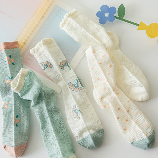 Rufia - Delicate Floral Mid-Calf Mesh Socks -Thin & Breathable