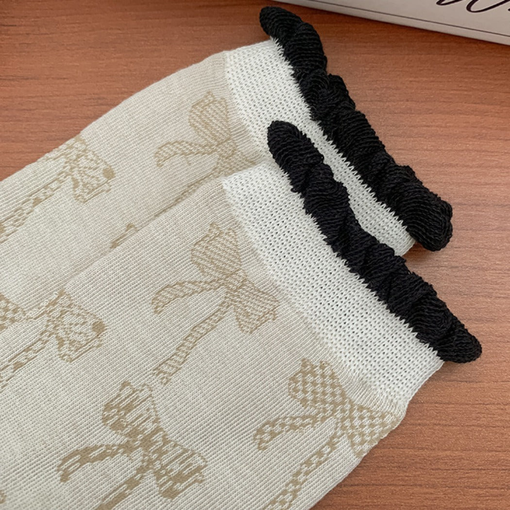 Rufia - Retro Doodle Bow Crew Socks - Sweet & Stylish