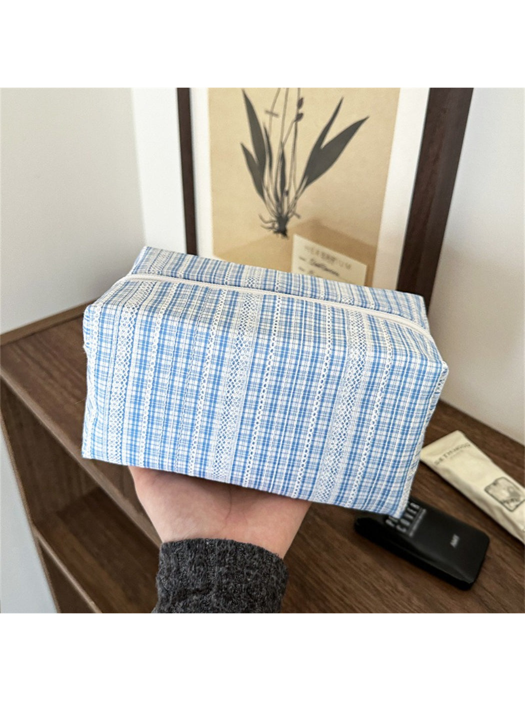 Cosbai blue check cosmetic bag angled to show front and side pattern details