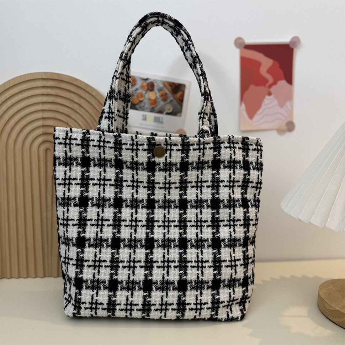 Cosbai - Minimalist Black & White Checkered Tote Bag