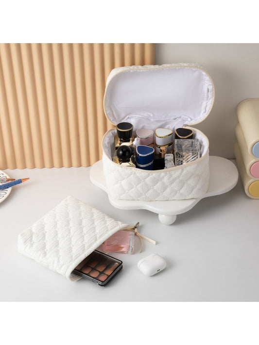 Cosbai - Quilted Plaid Zipper Cosmetic Organizer Bag