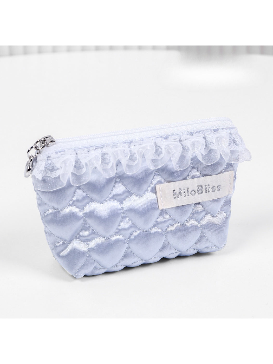 Cosbai Quilted Heart Cosmetic Pouch shown from top angle emphasizing heart quilting