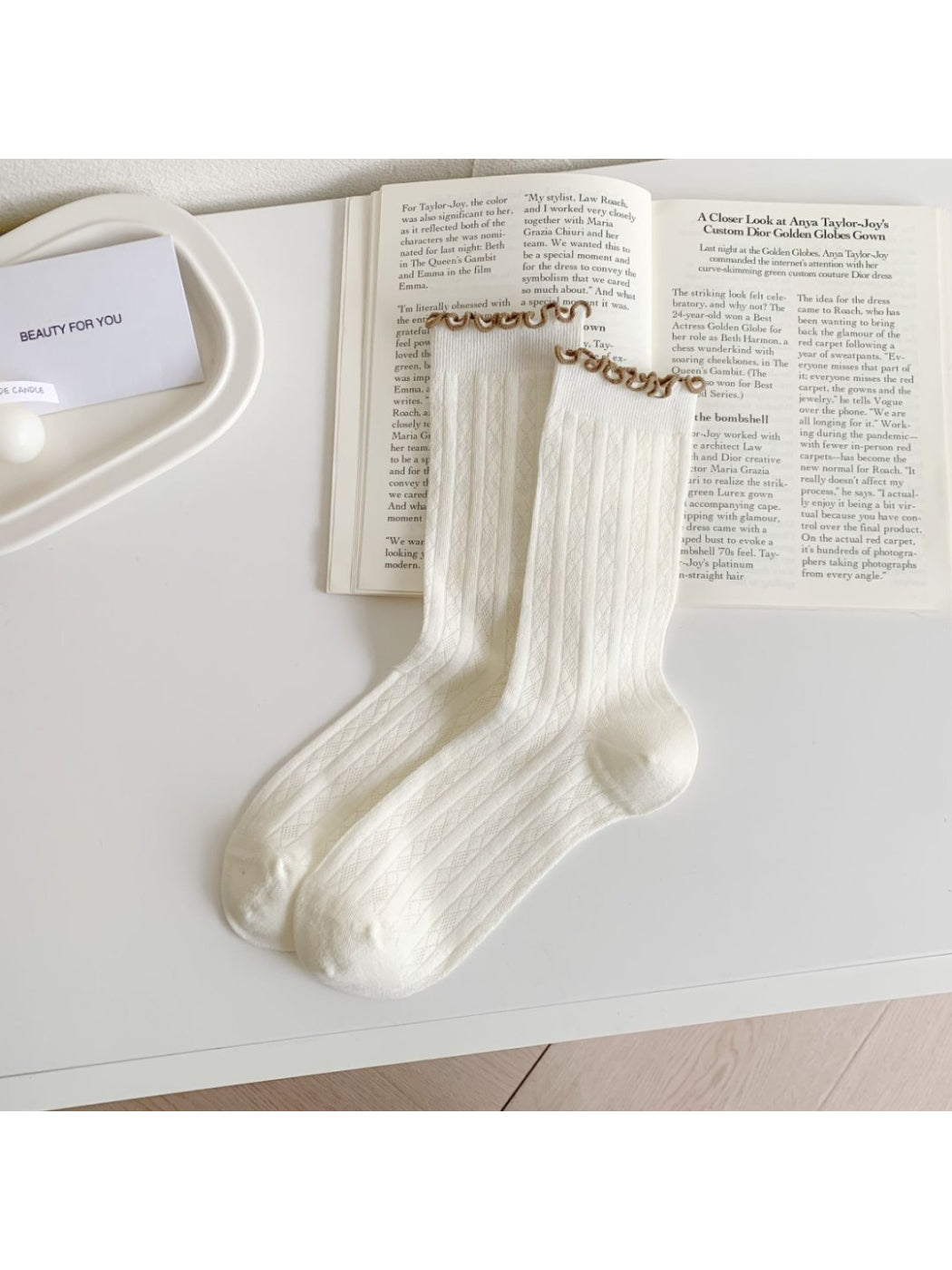 Rufia - Color Trim Ruffle Cuff Crew Socks