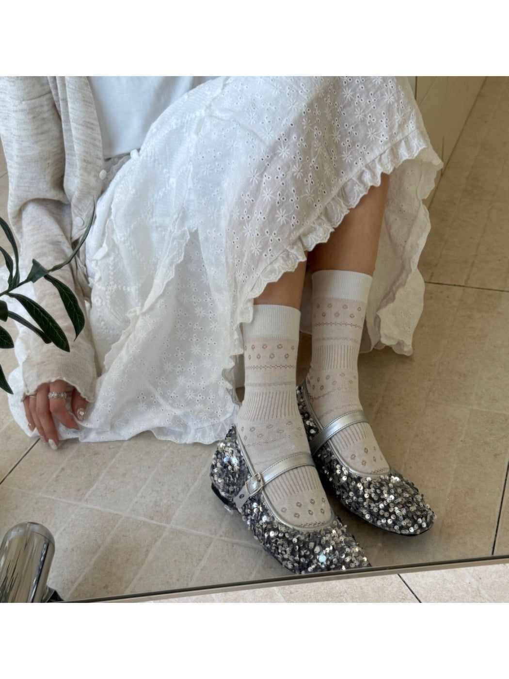 Rufia Dot Floral mid-calf socks arranged to show pattern and length