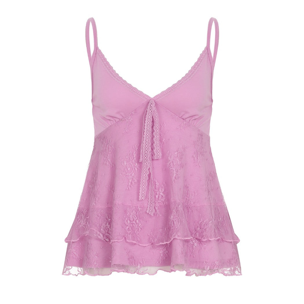 Vesty - Pink Lace Tie-Front Cami Small - Sexy & Slimming