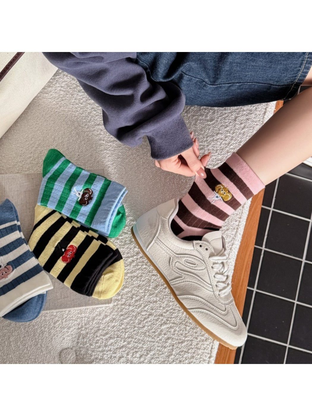 Rufia mesh stripe contrast crew socks photographed from above showing full length