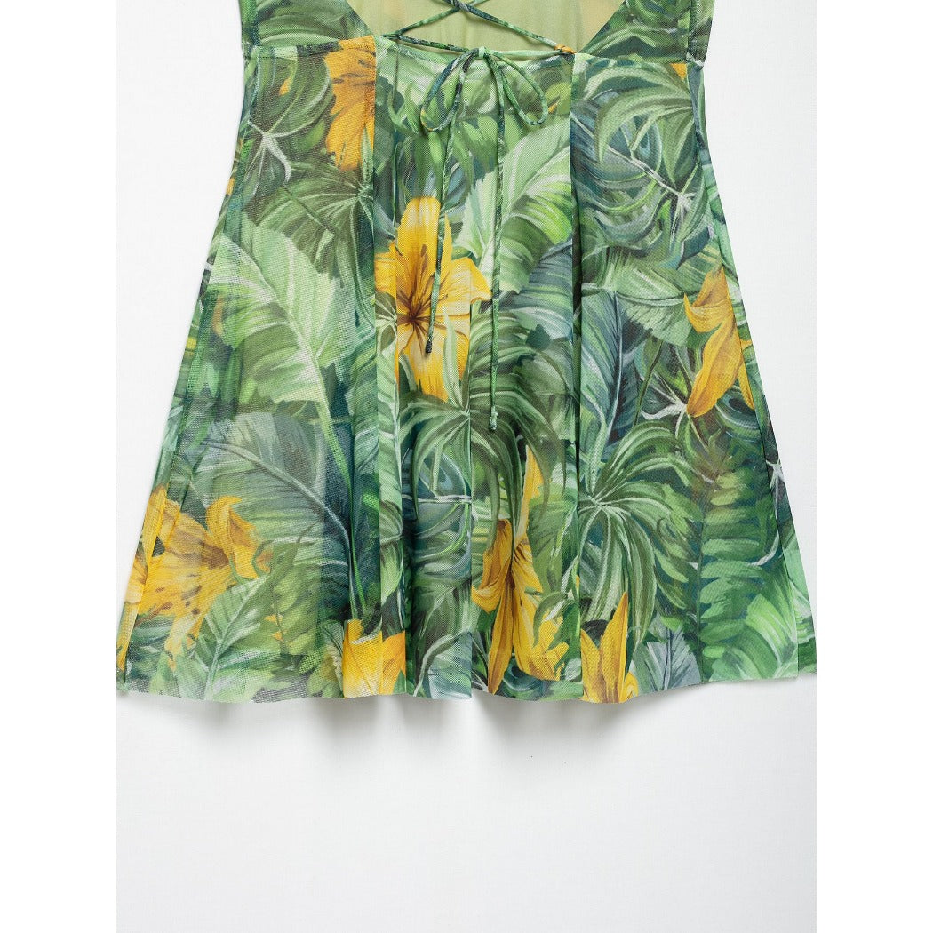 Troposa - Backless Mini Dress - Floral & Leopard & Leaf