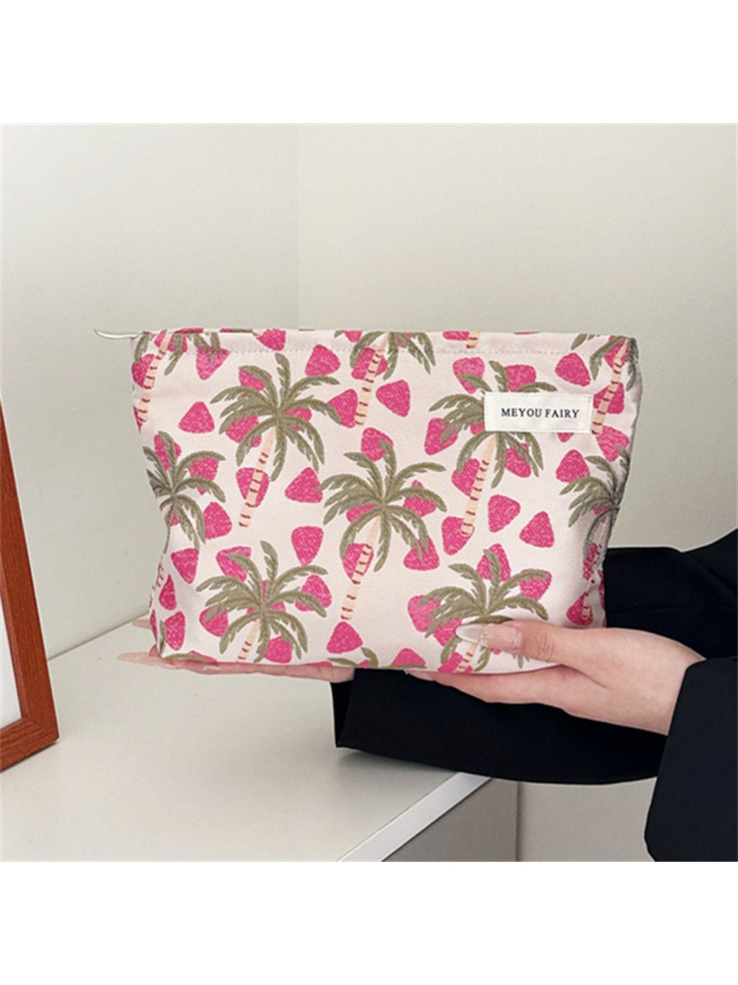 Cosbai travel pouch open showing spacious interior and tropical pattern