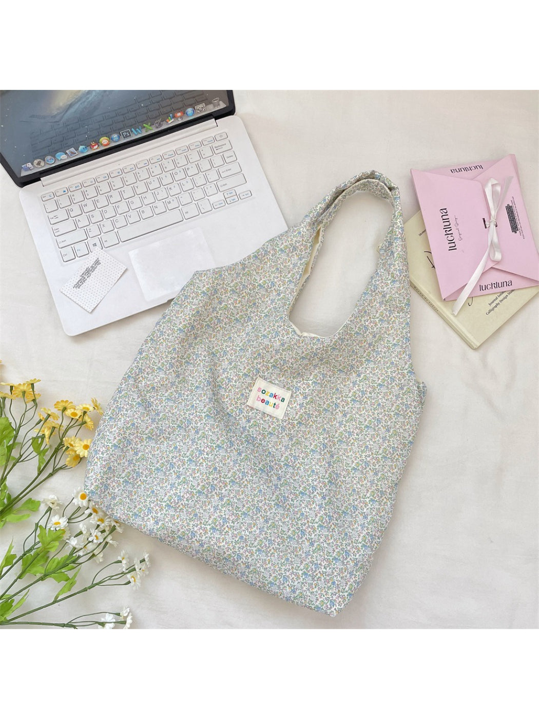 Cosbai Ditsy Floral Slouchy Tote Bag displayed upright with handles visible