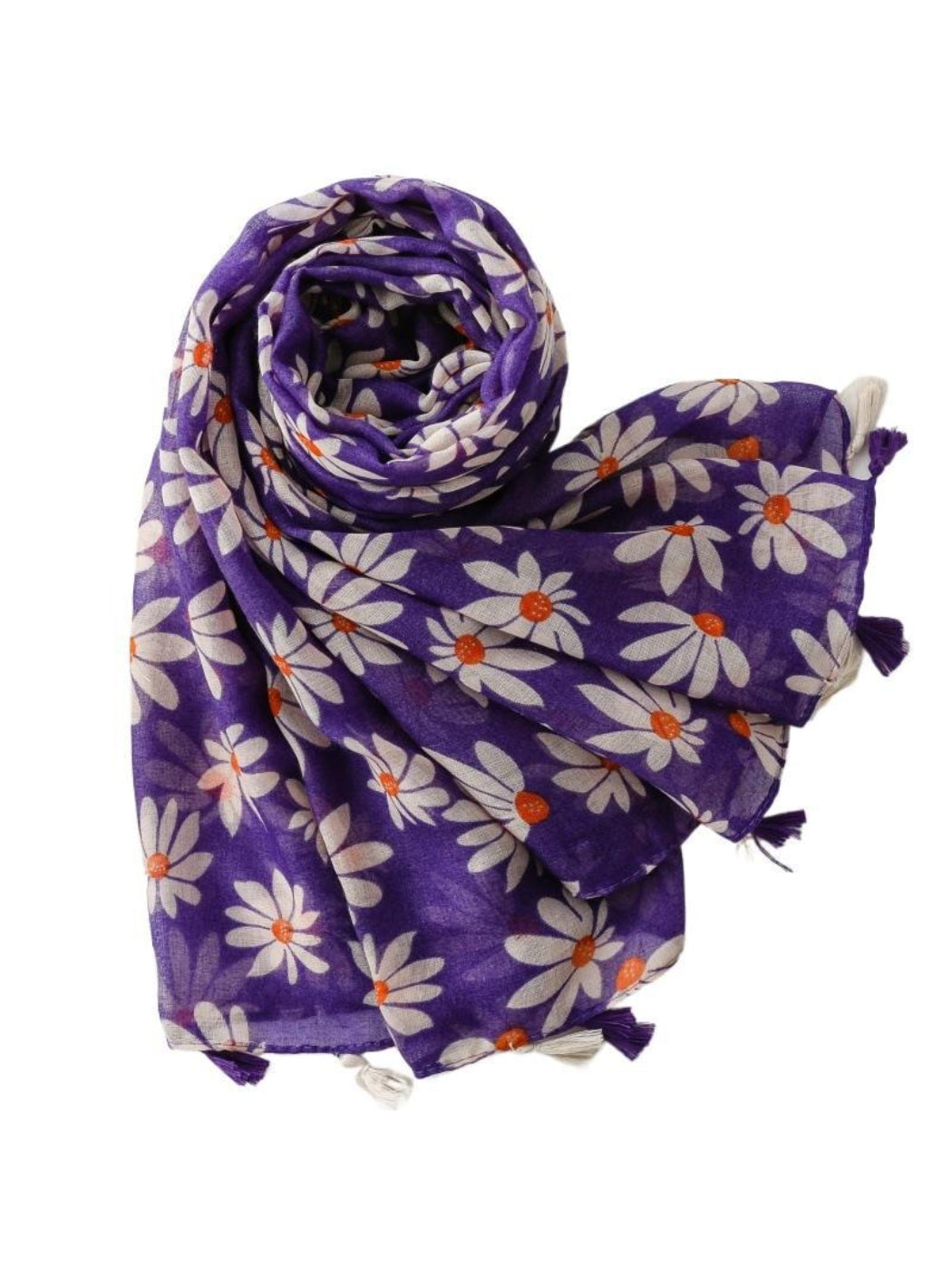 Model wearing Scarvii floral tassel wrap draped over shoulders outdoors