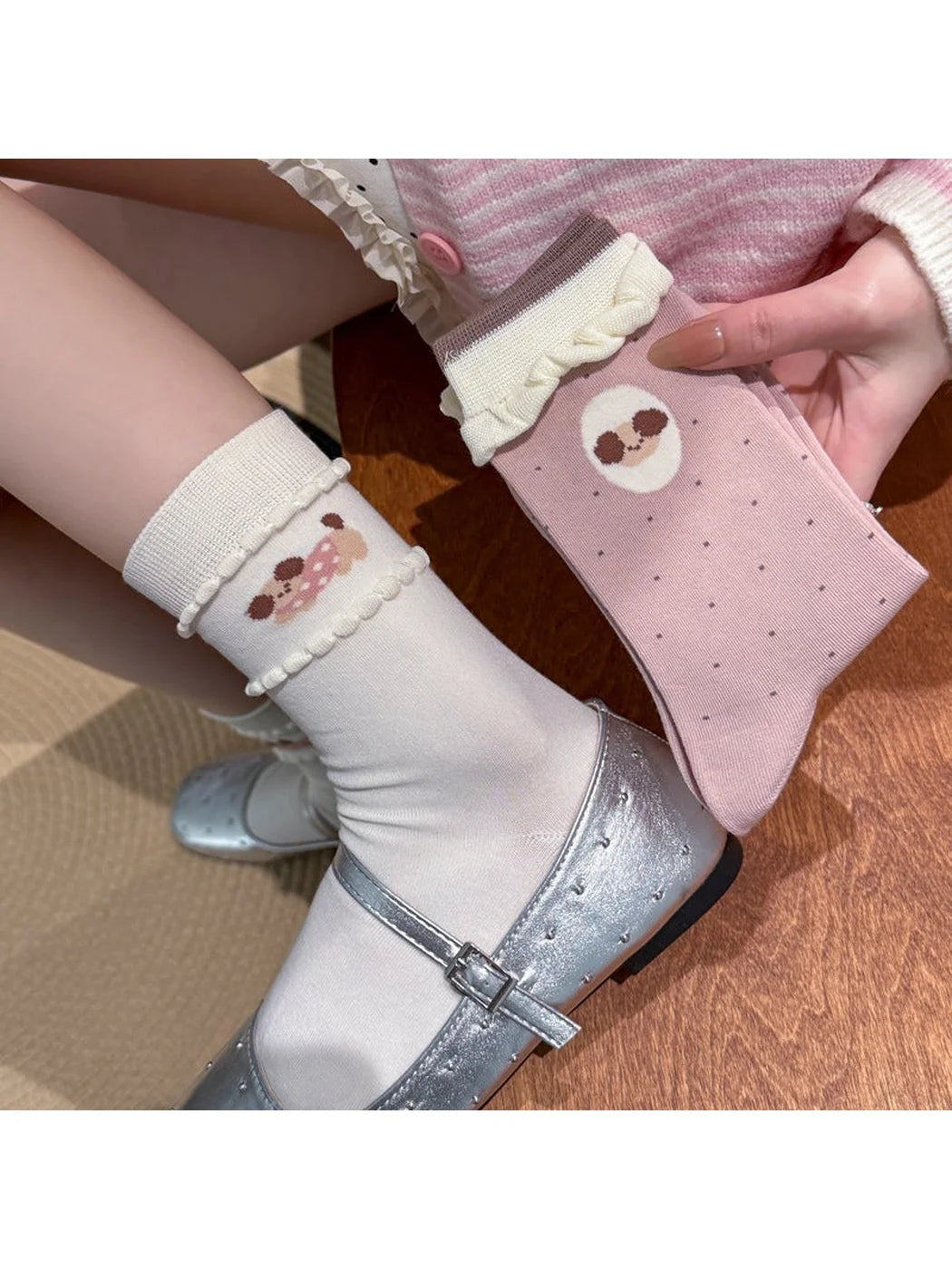 Rufia - Sweet Puppy Ruffled Cuff Crew Socks