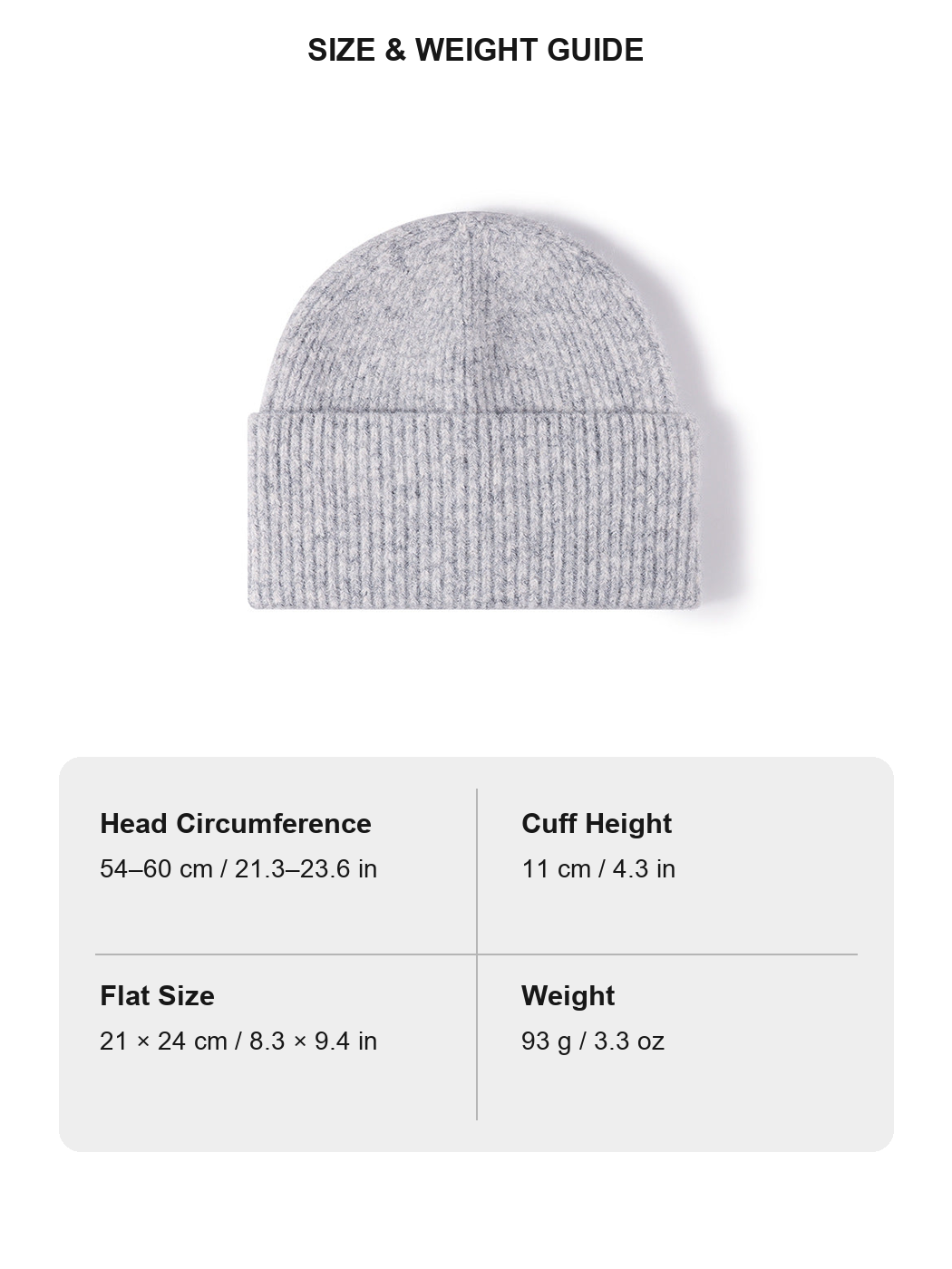 Multicolor fuzzy ribbed wide cuff knit beanie size and weight guide with metric and imperial measurements