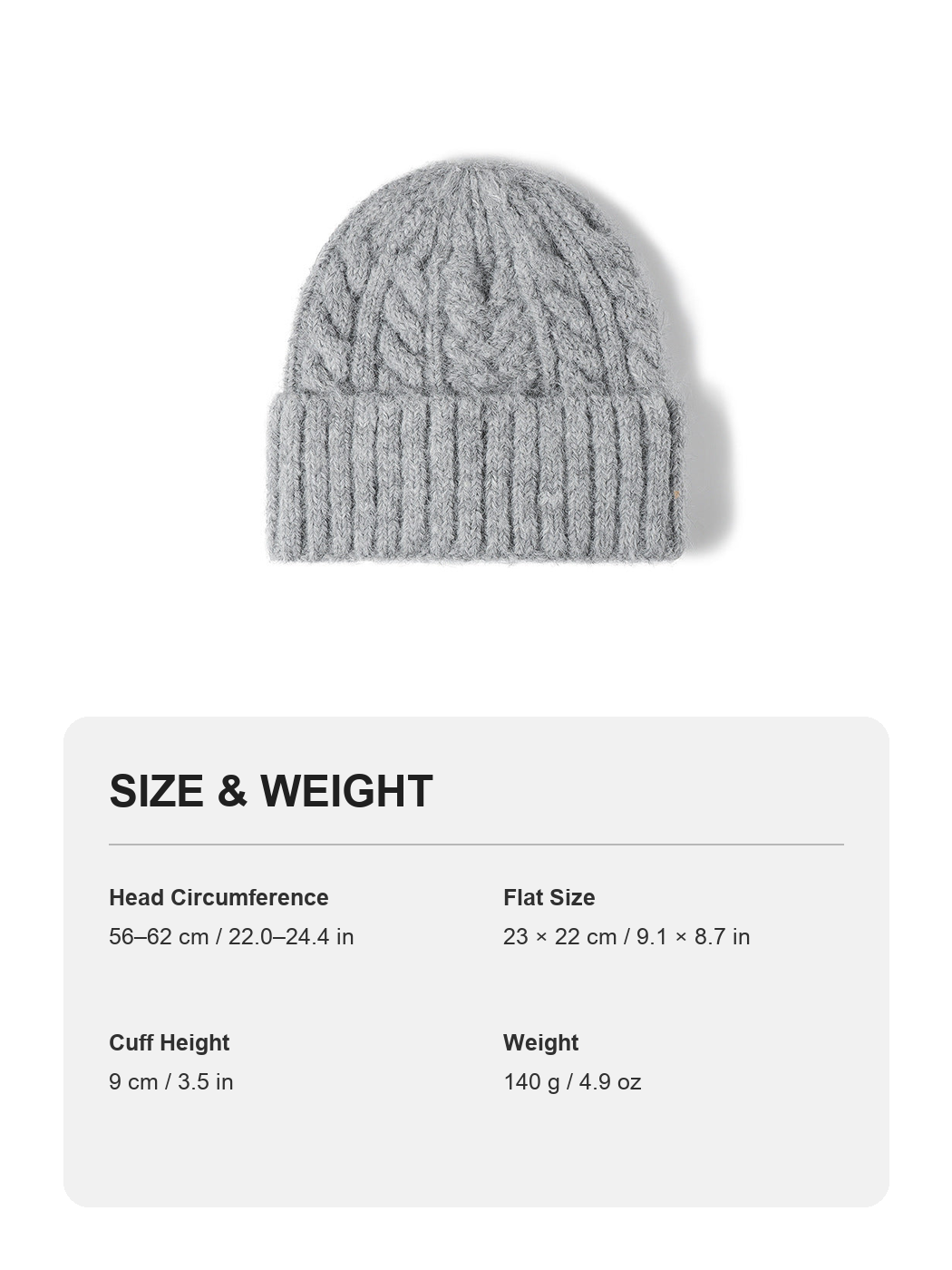 White cable-knit wool-blend cuffed beanie size and weight guide with metric and imperial measurements