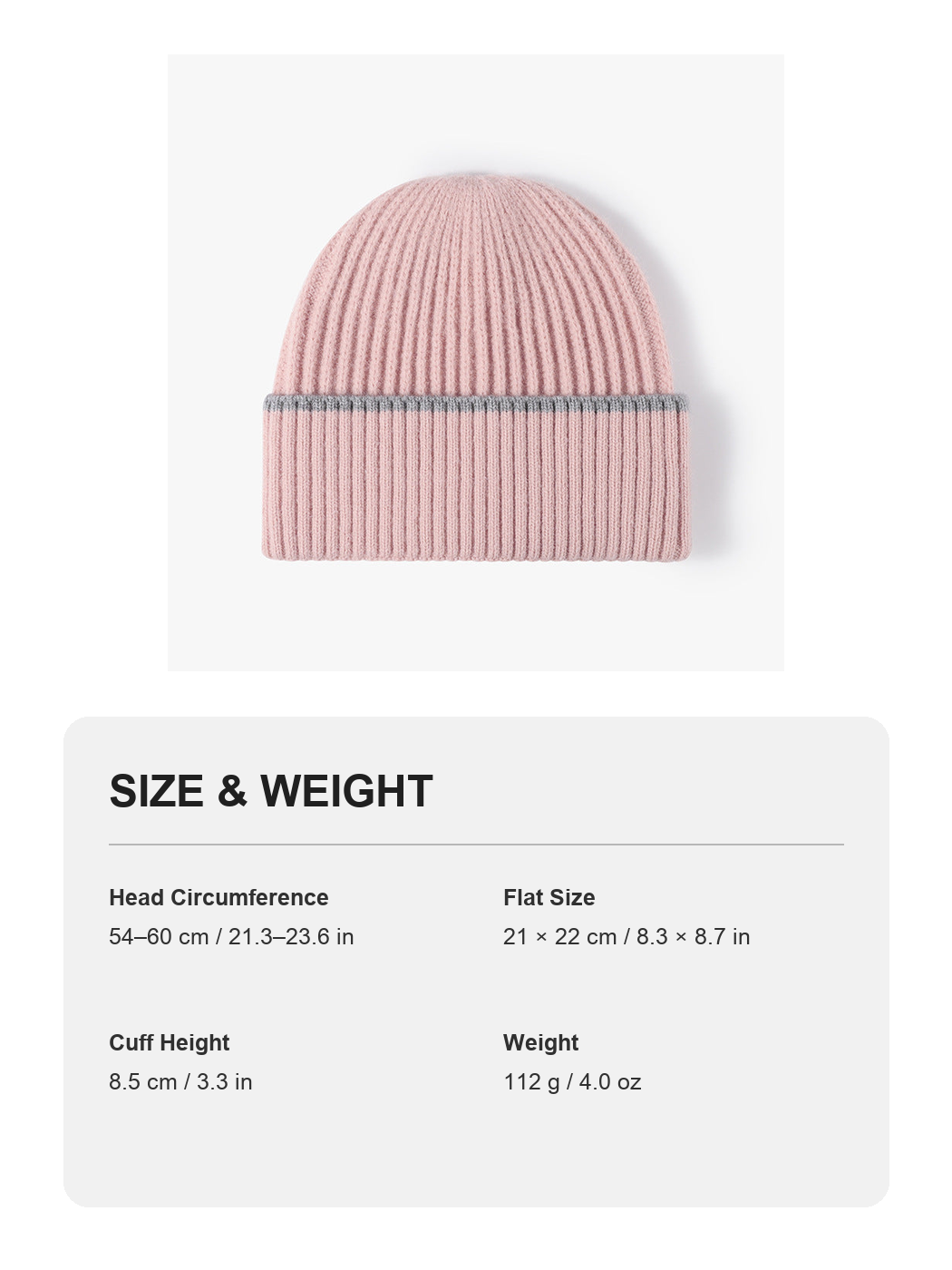 Pink fine rib contrast stripe cuffed knit beanie size and weight guide with metric and imperial measurements