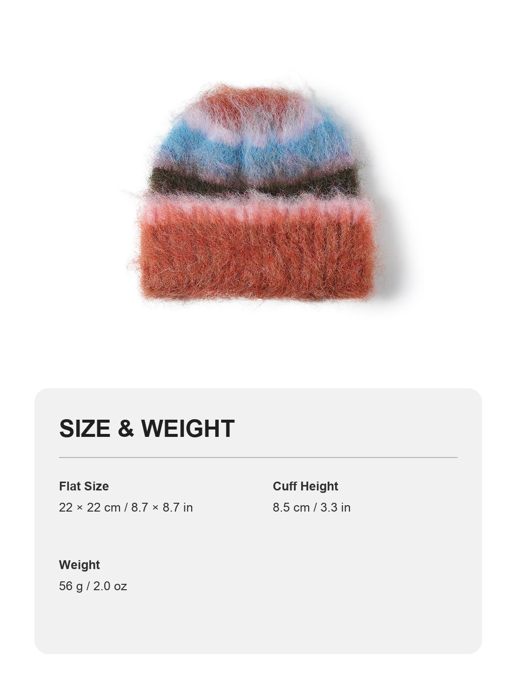 Red fuzzy multicolor striped cuffed beanie size and weight guide with metric and imperial measurements