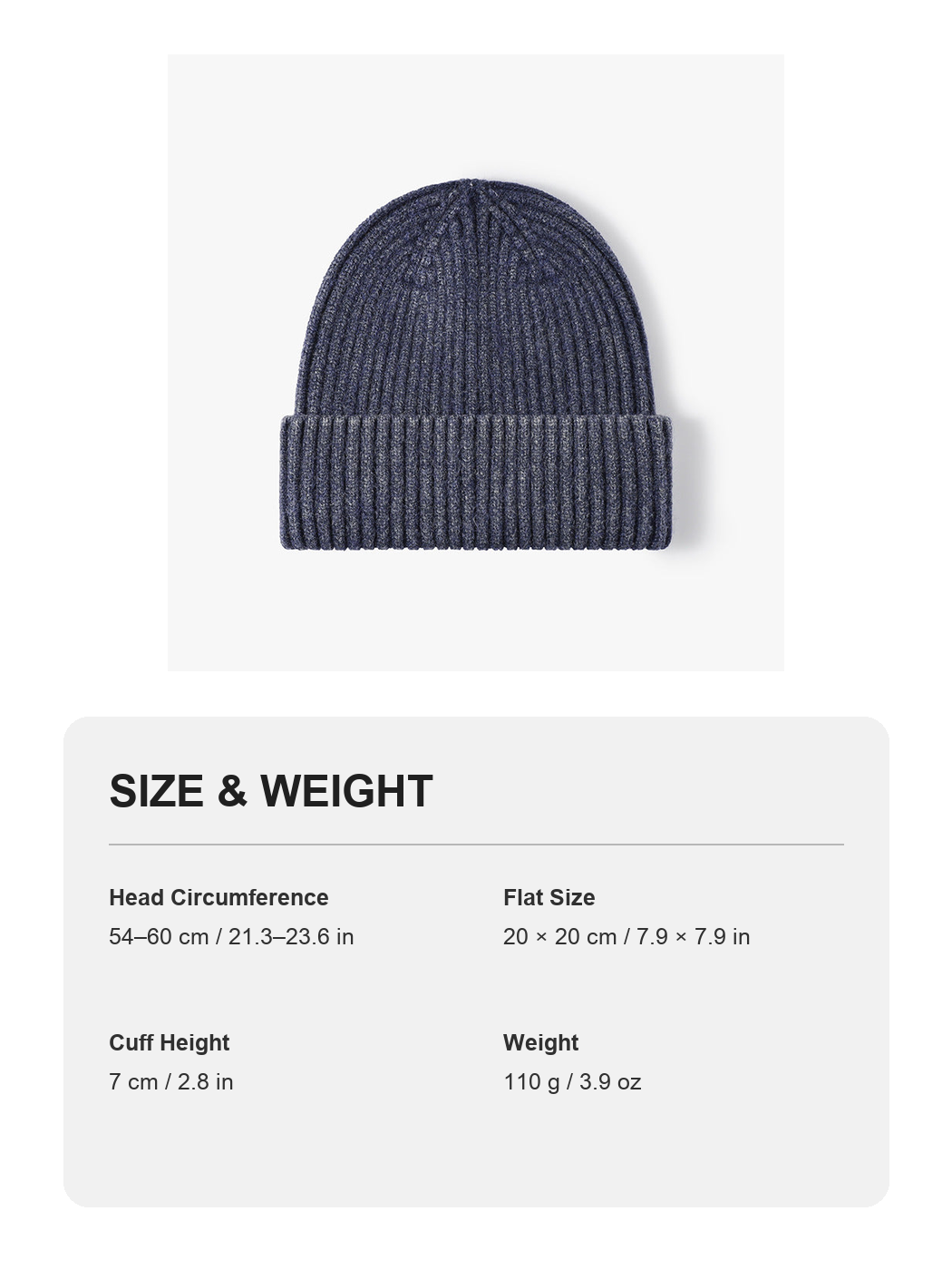 Navy heathered ribbed cuffed knit beanie size and weight guide with metric and imperial measurements