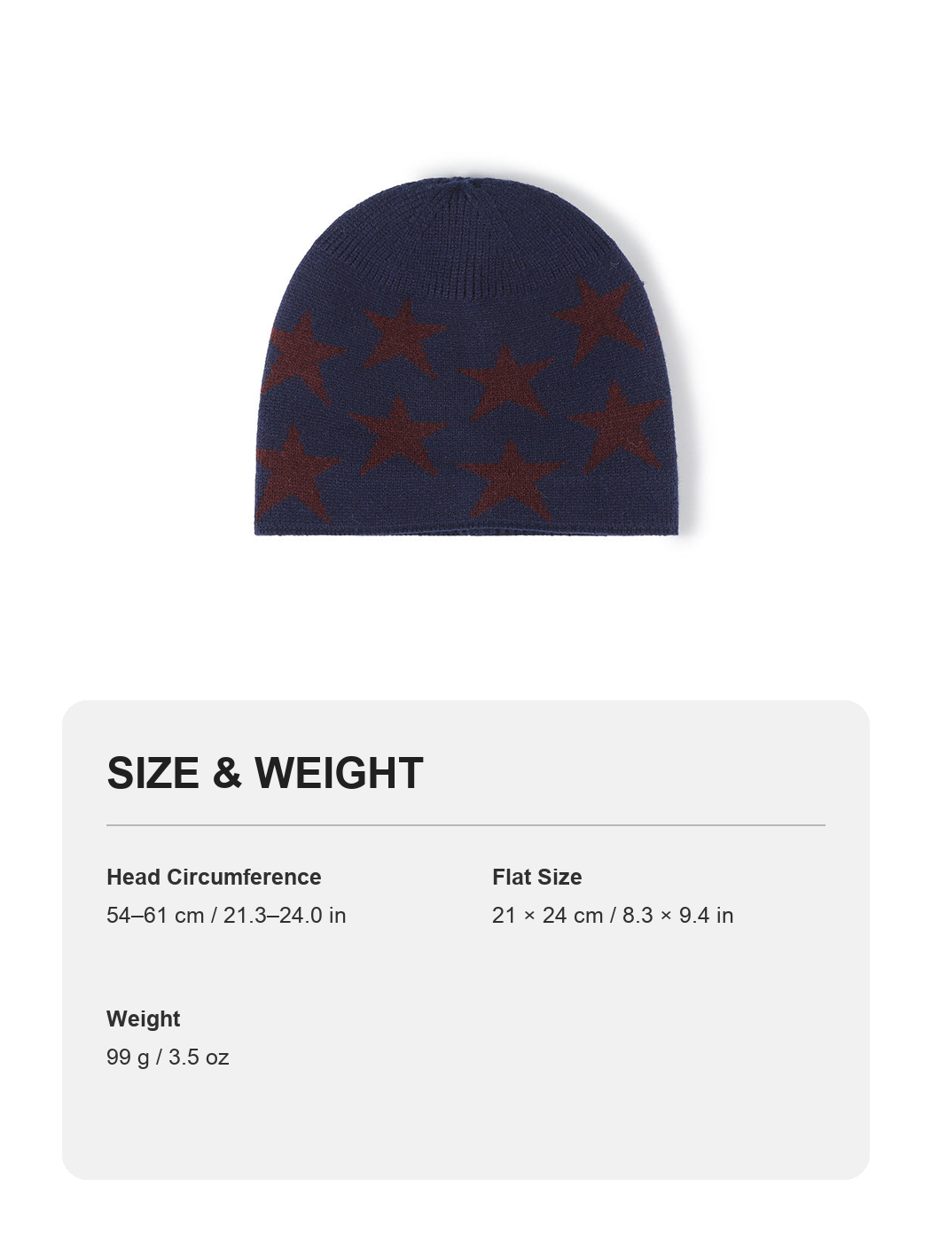 Black star jacquard fleece-lined knit beanie size and weight guide with metric and imperial measurements