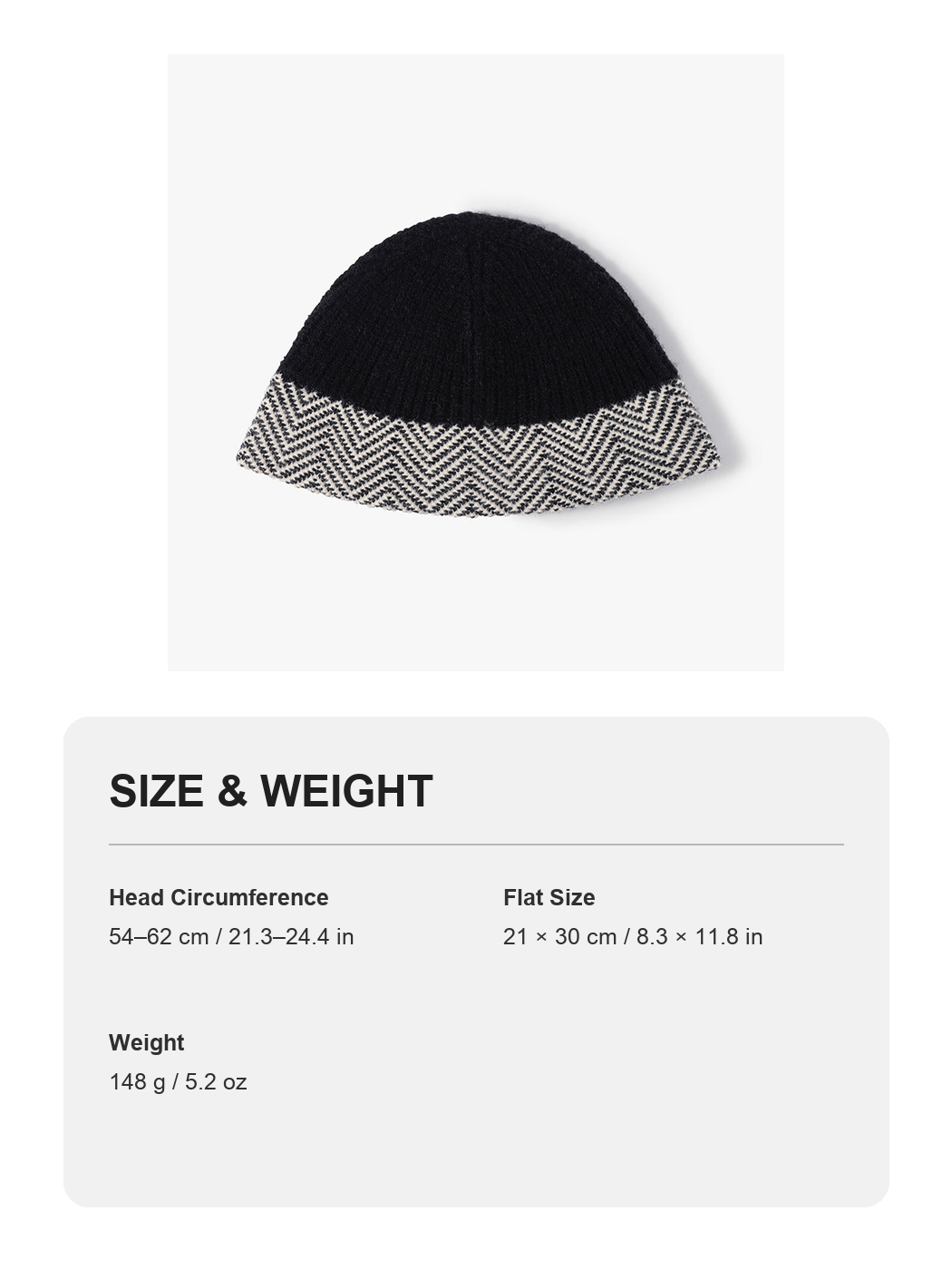 Black herringbone cuff textured knit beanie size and weight guide with metric and imperial measurements