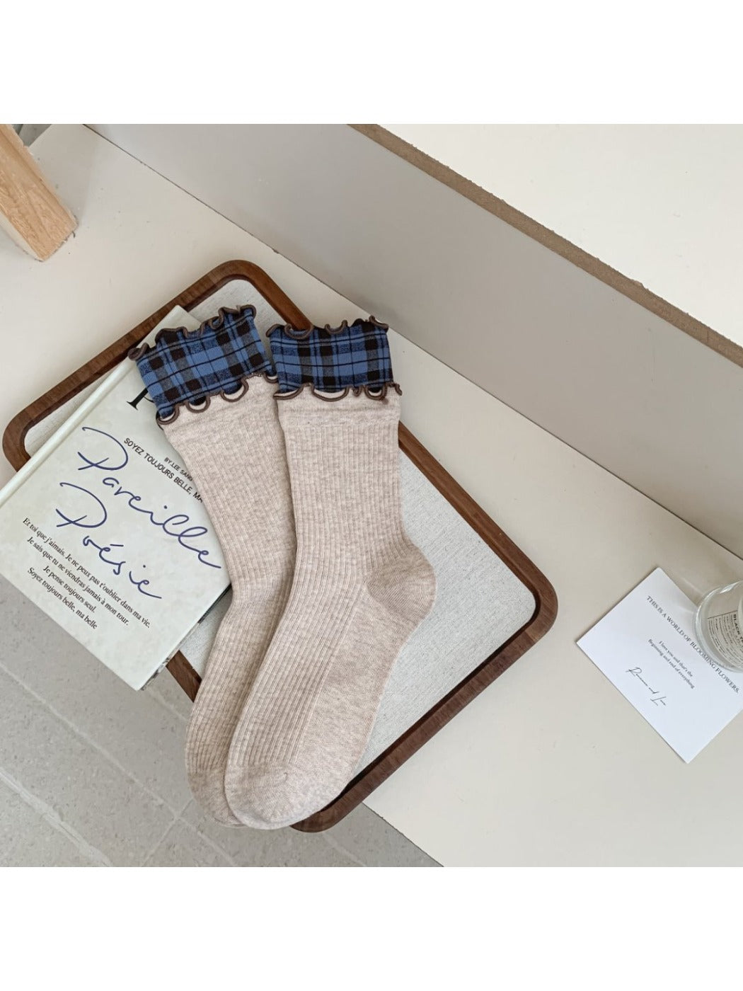 Rufia - Ruffled Edge Plaid Mid-Calf Winter Socks