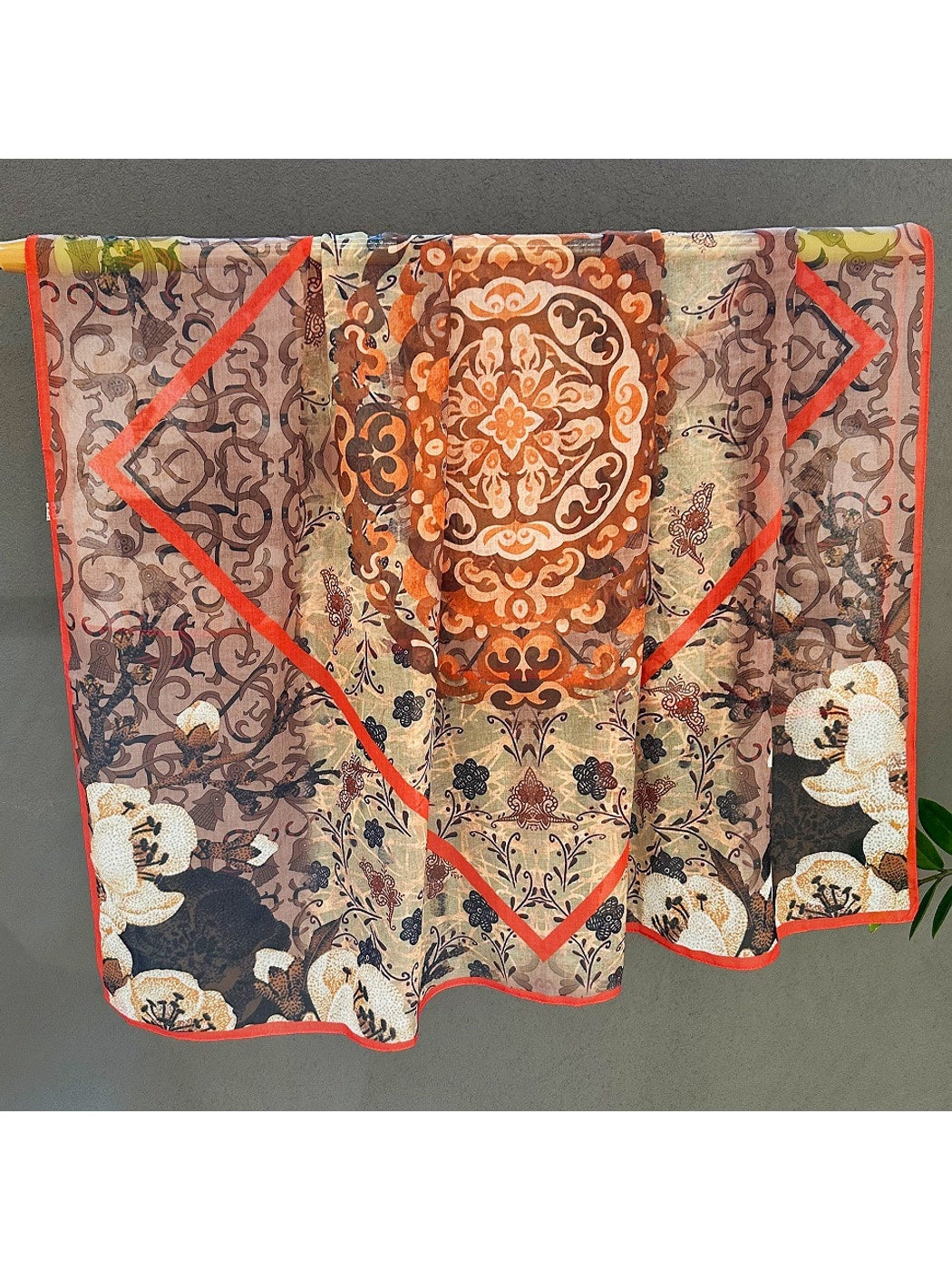 Scarvii - Brown Tone Floral Print Square Scarf
