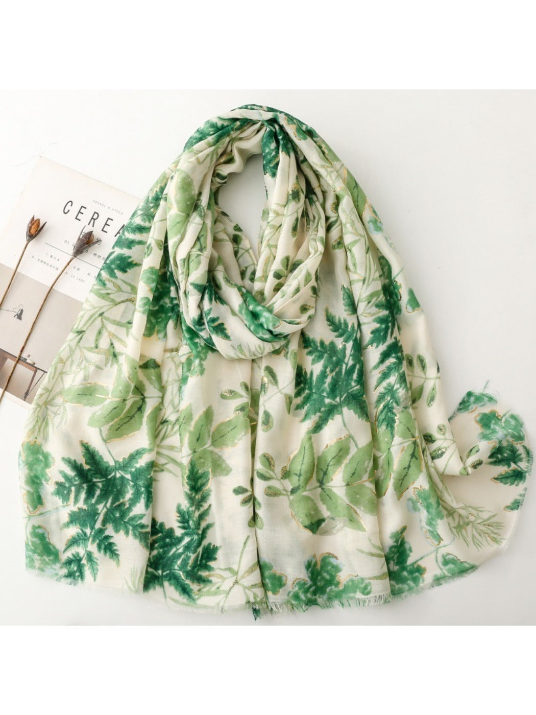 Scarvii - Leaf Print Long Thin Scarf - Versatile & Stylish