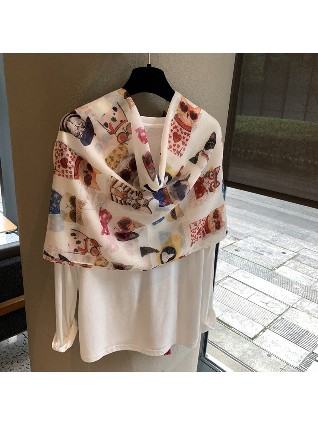 Scarvii - Playful Cat Print Tassel Shawl