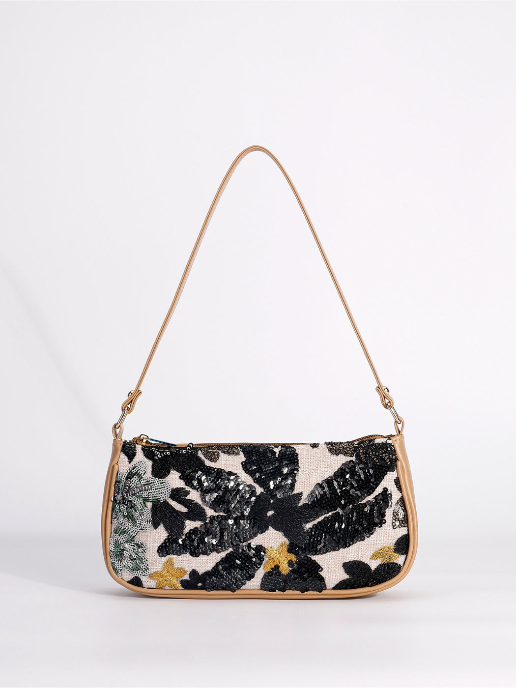 Cosbai Floral Sequin Shoulder Bag with floral sequin pattern and gold chain strap close-up