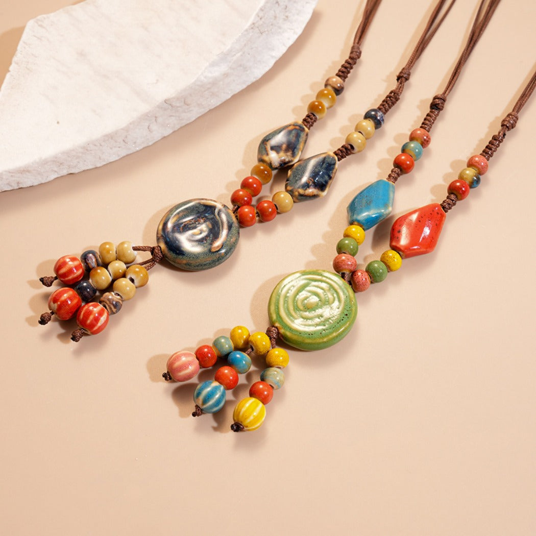 Bauai - Boho Ceramic Bead Fringe Long Necklace - Vintage & Unique