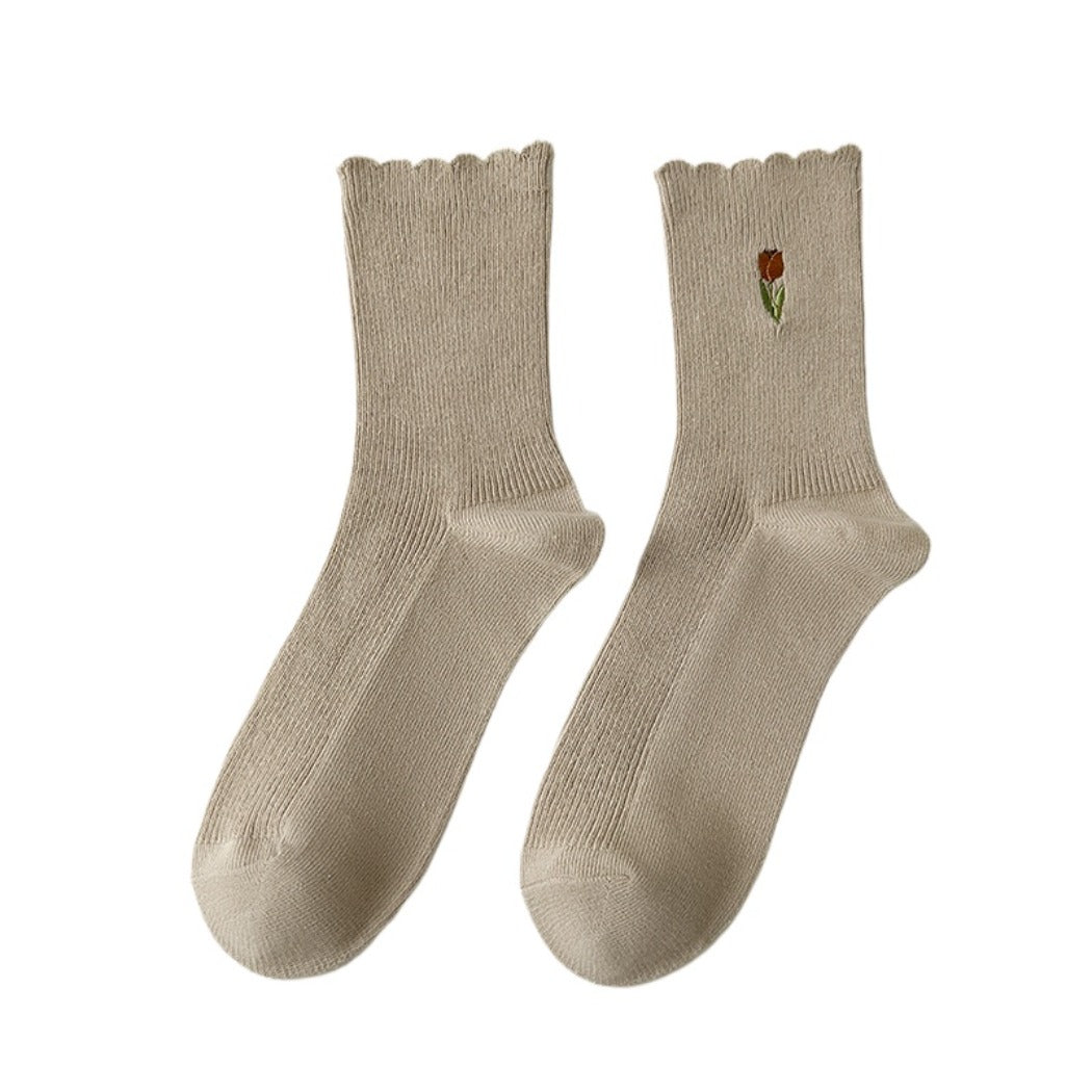 Rufia - Solid-Color Floral Tulip Socks - Sweet & Classic