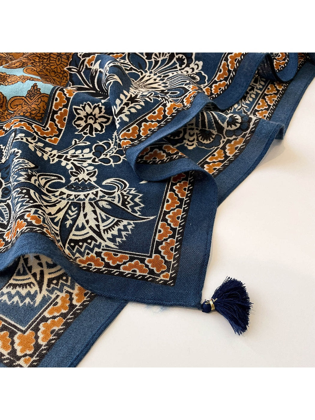 Scarvii - Navy Retro Floral Print Tassel Square Scarf