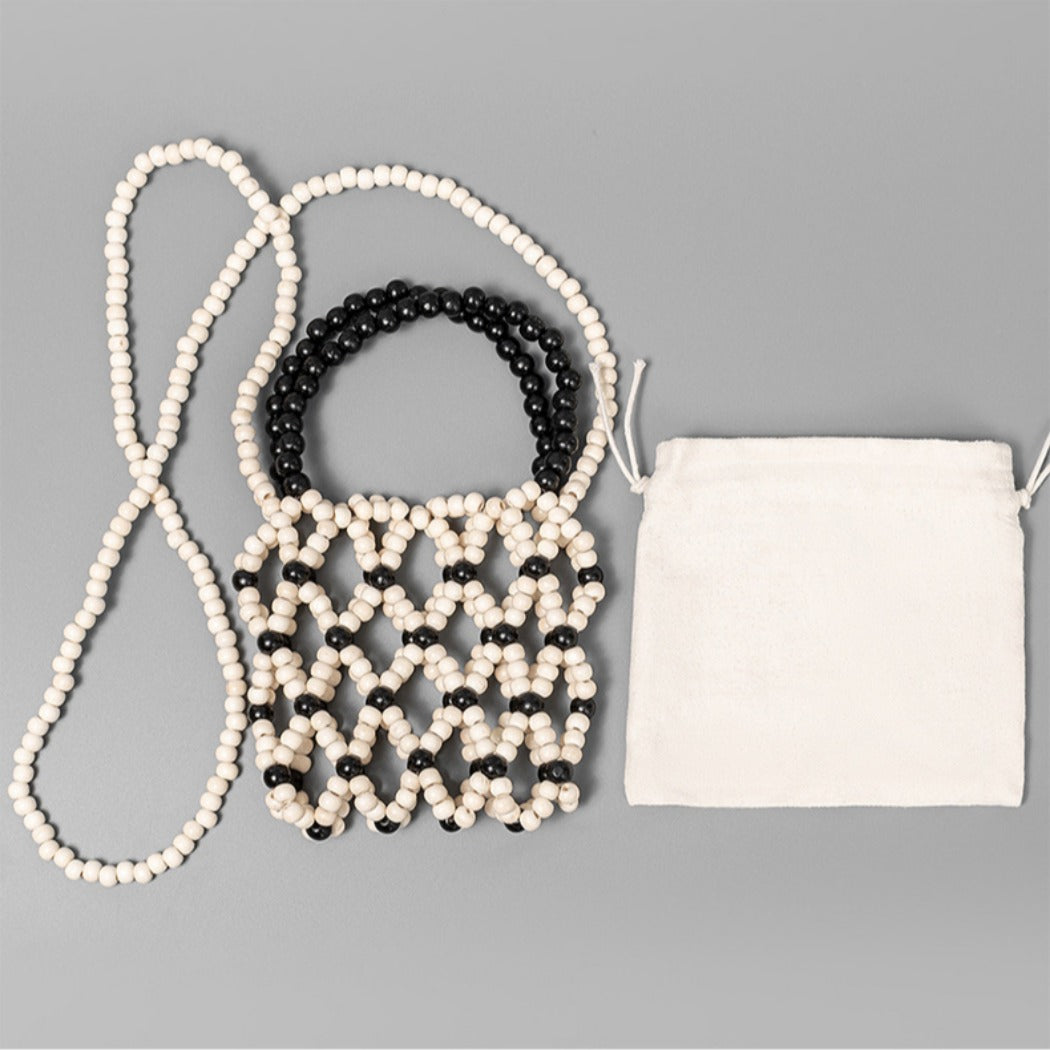 Cosbai - Color-Blocked Wooden Bead Crossbody Bag