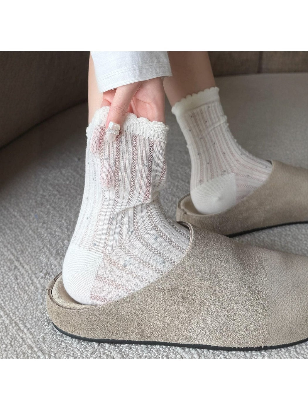 Rufia - Muted Polka Dot Ruffle Trim Crew Socks