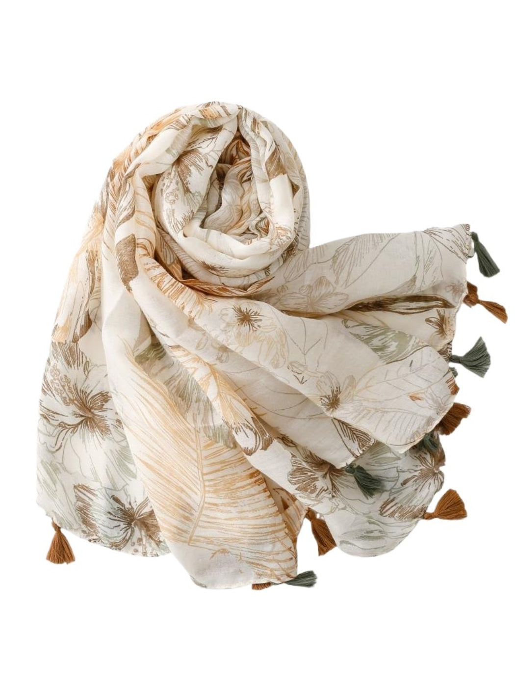 Flat lay of Scarvii Tropical Floral Tassel Scarf fully spread showing full floral design