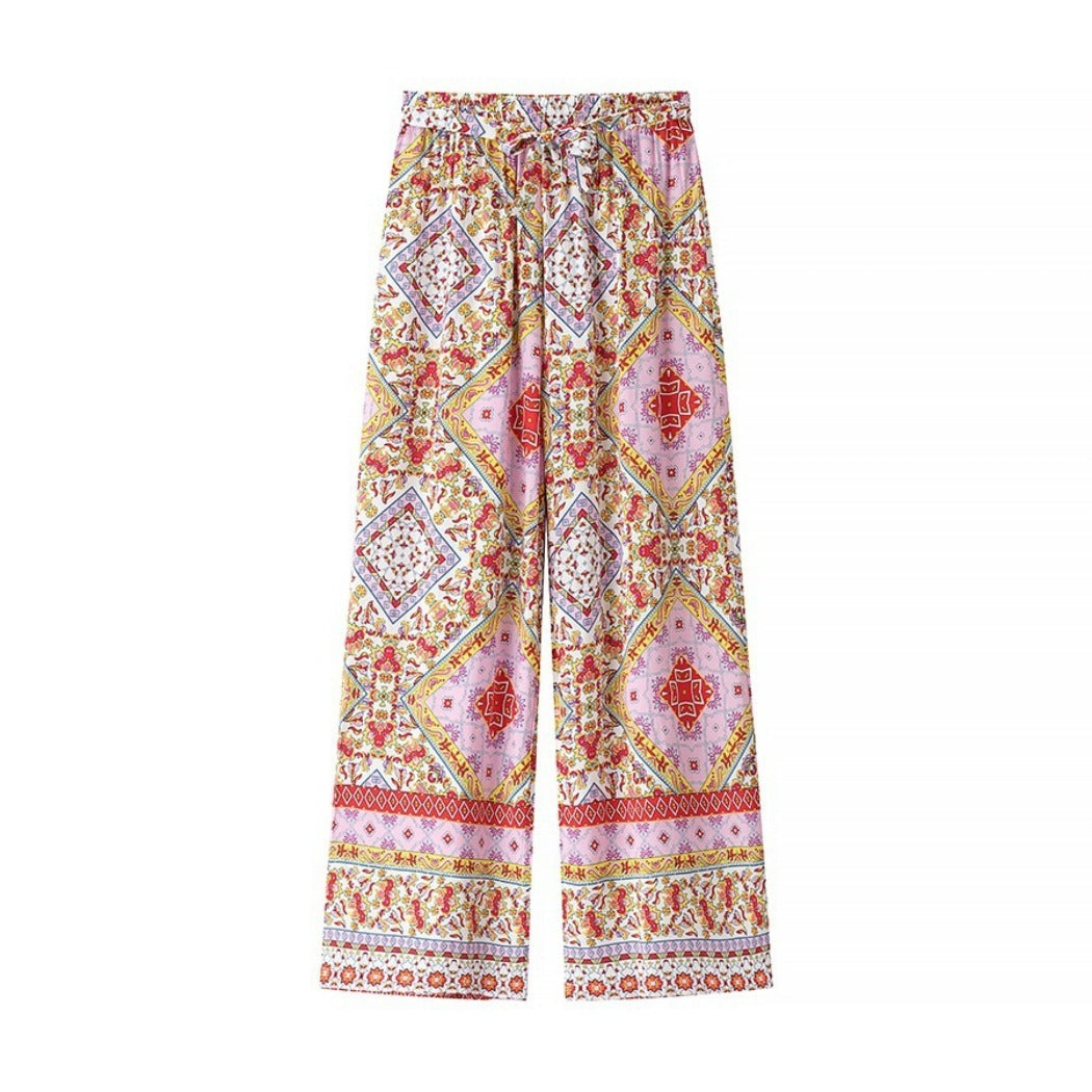 Troposa - Boho Print Top And Pants Set - Colorful & Chic
