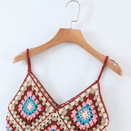 Side angle of Crosa Bohemian tassel crochet tank top showing texture details