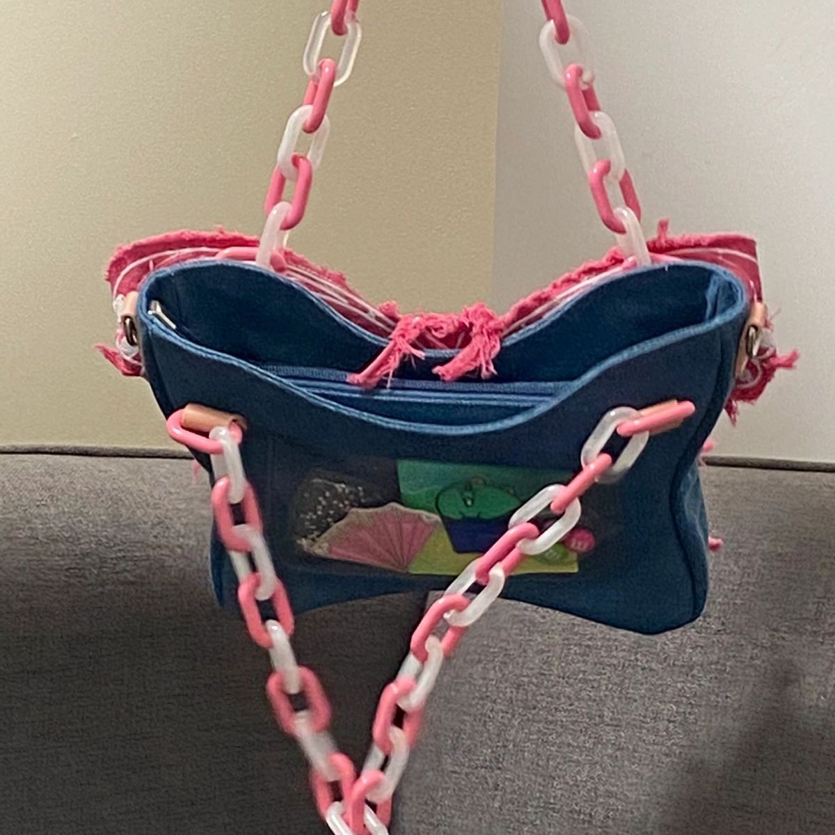 Denim Butterfly Tassel Bag with Acrylic Chain