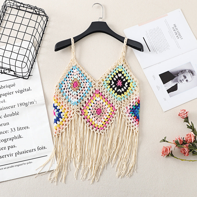 Crosa Bohemian Crochet Camisole Tank Top hanging with visible crochet details