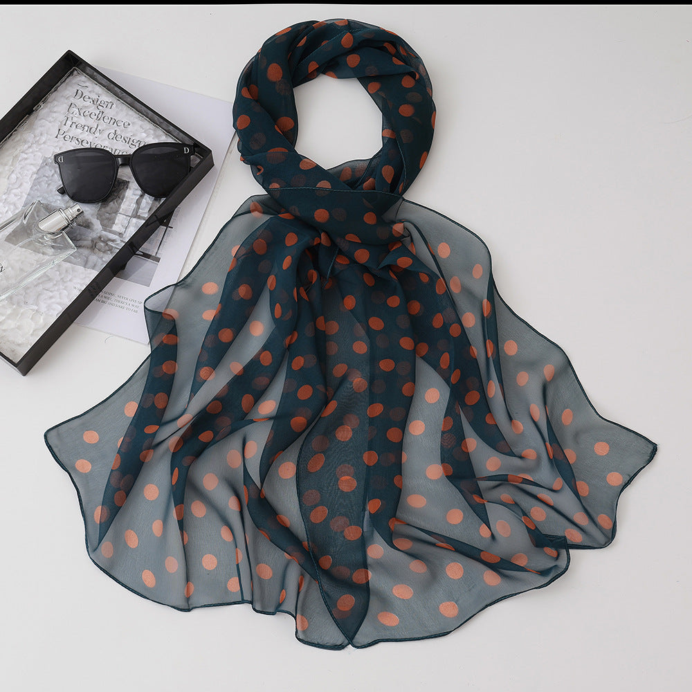 Product image for Scarvii - Polka Dot Sheer Stitched Edge Long Scarf (Navy Orange)